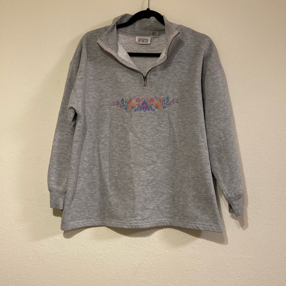 Vintage Quarter Zip Floral Embroidery Grey Sweater
